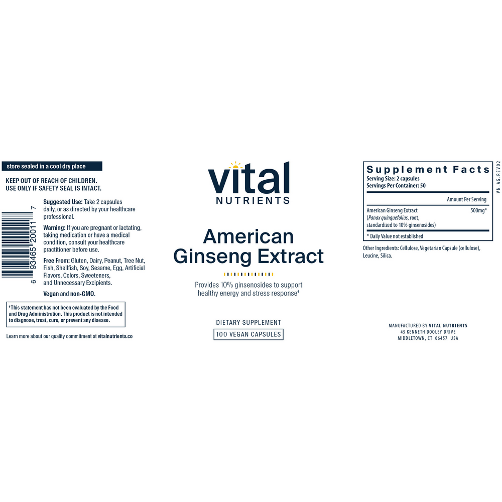 American Ginseng Extract 250 mg - Supports Adrenal Gland Function, Mental and Physical Endurance, and Normal Blood Sugar Levels*