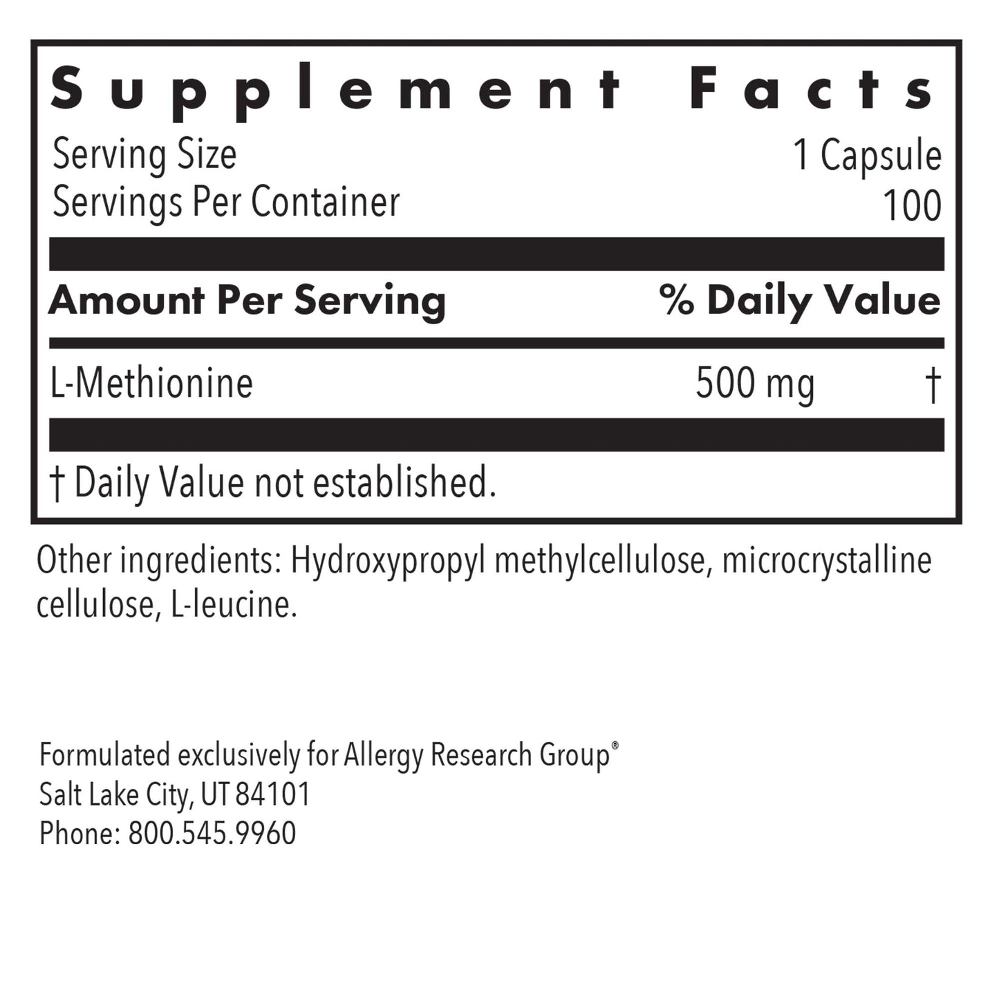 L-Methionine 500 mg – Supports Liver Detoxification, Fat Metabolism, and Energy Production